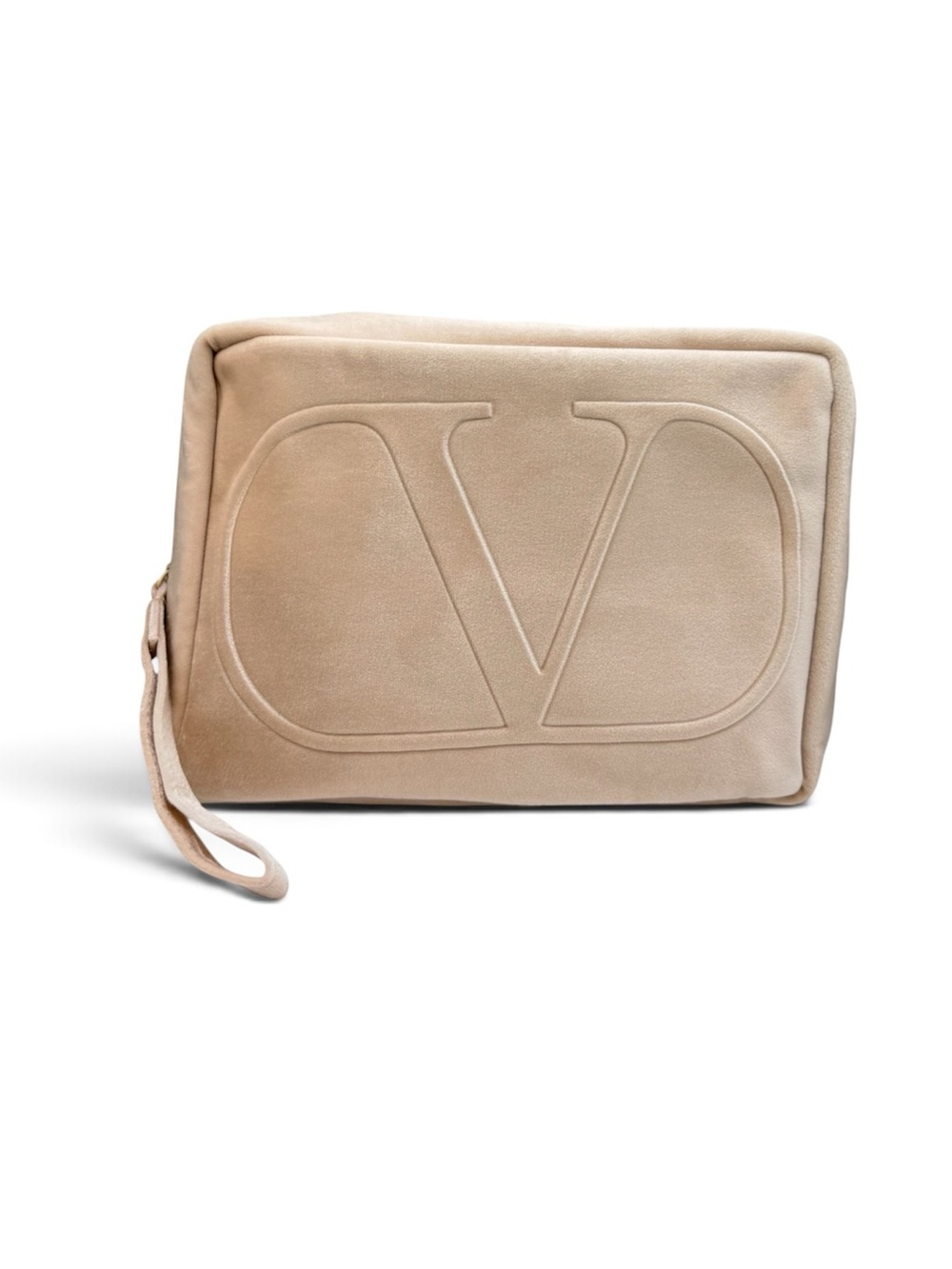 Valentino Beauty VLogo Velvet Makeup Cosmetic Pouch Wristlet Champagne Beige